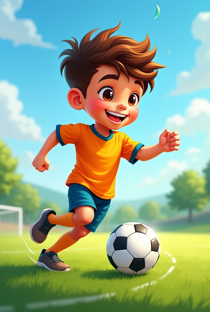Create a 2d drawing of a cute boy playing soccer