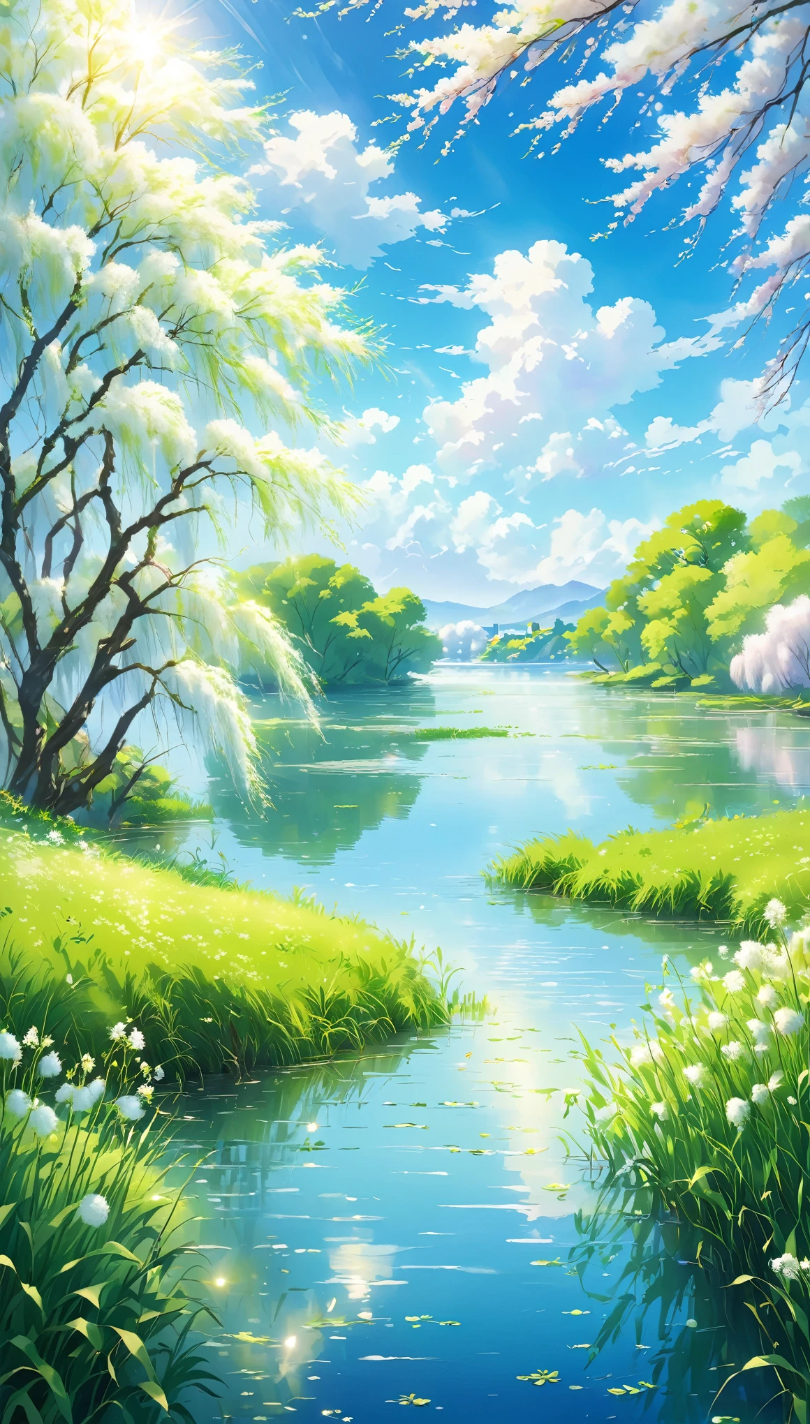 Peaceful lakeside，Green grass，light breeze，There was a ripple。Weeping willows on the shore，Like whispering。A small hill not far away，Lush，The scattered sunlight is like broken gold.。In the blue sky，A few white clouds floating leisurely，As soft as cotton candy。The air is filled with the fresh scent of grass and flowers，Makes the mind clear，All troubles are gone。