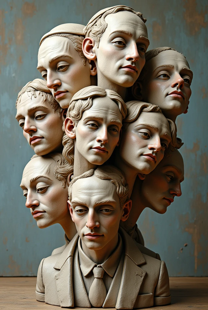 Expressionist artwork images of multiple floating ceramic heads of young jewish men, 3d collage style, make it weird and gallery worthy