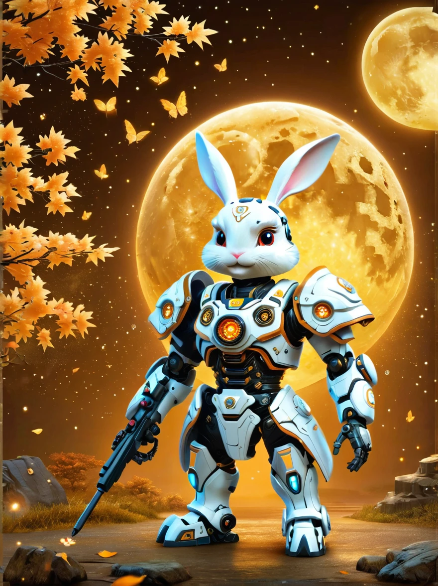 Create a Mid-Autumn Festival poster with a futuristic sci-fi mechanical fantasy，(By Mooncake，Cute mechanical white rabbitBREAK The mechanical Chang&#39;e in Guanghan Palace:1.6)，(Dotted with osmanthus and osmanthus)，嫦娥有长长的White hair，blue eyes，The body is silver，Wearing a white Hanfu dress,A blue belt is tied around the waist，Standing in a futuristic Mid-Autumn Festival background，The background is blue，There are blue lights on her and in the background，There&#39;s an energy field around her.，This image is very detailed and realistic，((girl，iHanfu Mecha))，Broken armor，Mechanical Halo，Robotic Arm，White hair，Long hair，Ceramic body，Thigh gap，Network Background，Extremely detailed city，(Translucent body)，(Reflective Skin)，8k，Best quality，Ultra Detailed，(Surrealism:1.4), [colorful explosion psychedelic paint colors:1.21], (sharp:0.7), amazing fine detail, Nikon D850 film stock photograph Kodak Portra 400 camera f1.6 lens, rich colors, lifelike
