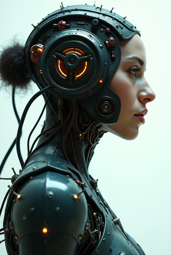 ohwx woman, a steam punk cyborg, front view, white background, unreal engine, inspired by HR Giger, half body portrait, highly detailed, photo realistic, cinematic, movie still, captured in the style of Sony Alpha A7 III camera