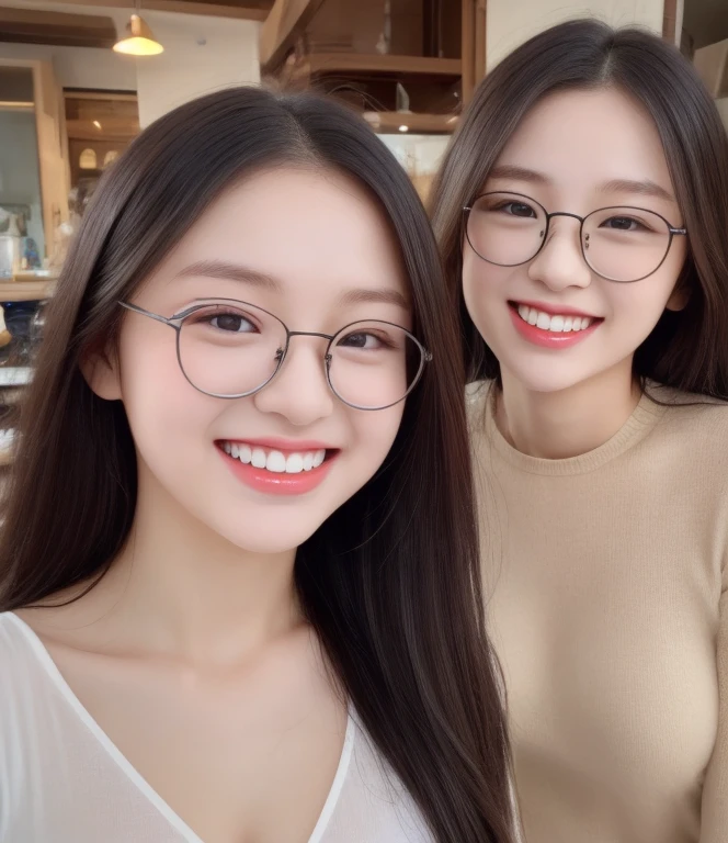 (realistic、masterpiece、Best Quality、8K、highres、high resolution:1.3)、two women in white bikini posing for a picture, with a twin, two girls, sakimichan, twins, beautiful gemini twins portrait, ulzzang, beautiful gemini twins, adult pair of twins, bbwchan, 3/4 bust, cutecore, milky white skin, good young girl, korean girl, yanjun chengt Huge breasts、smile, looking at viewers、super fine face and eyes、long hair、indoor、 upper body、