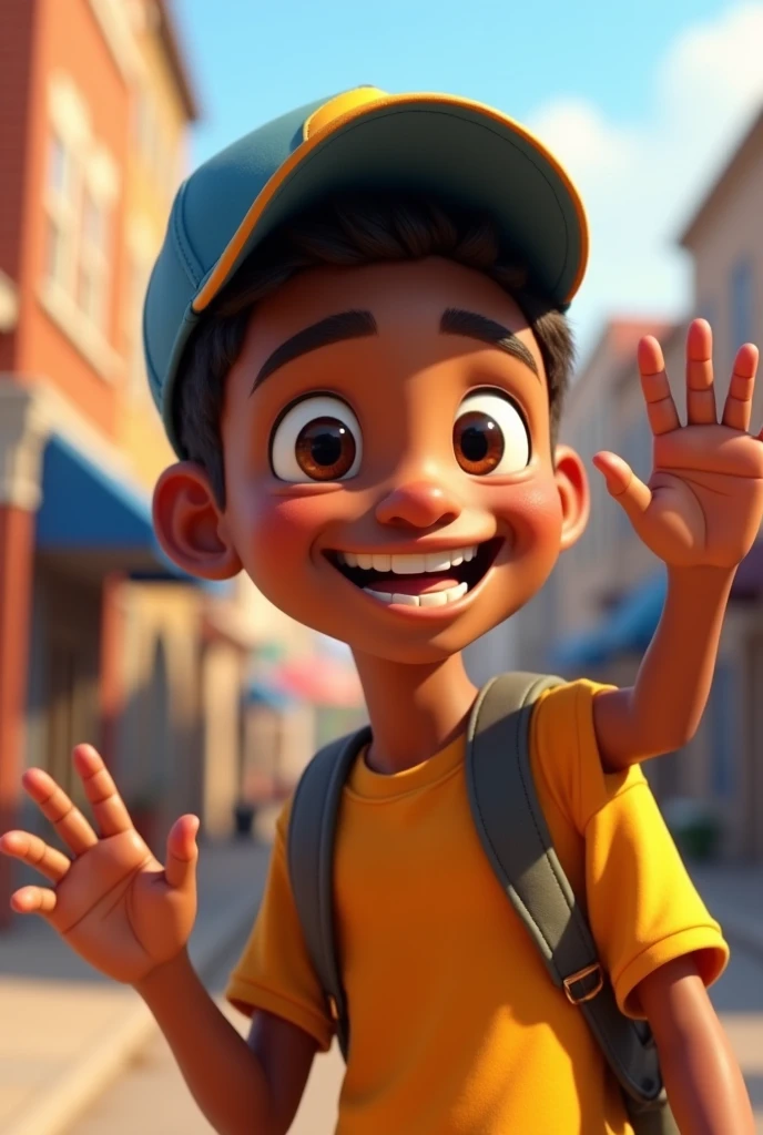 A 20-year-old pixar-style young man with dark skin color wearing a backwards cap waving