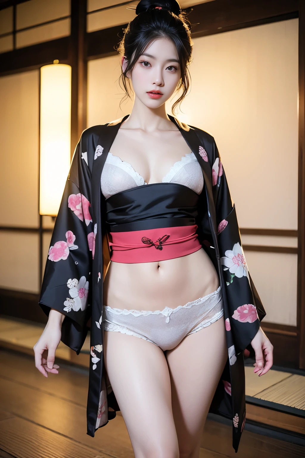 (Very sexy girl wearing sexy ukiyo-e kimono:1.3), lightweight bra, transparent, Black color头发颜色头发,, Black color stockings, lift your butt,Face Camera，Black color, ring, 4K, HD,looking at camera, Almost perfect, dynamic, The contents are very detailed..., brown, sharp focus，glowing skin，camel toe showing thighs!!!、