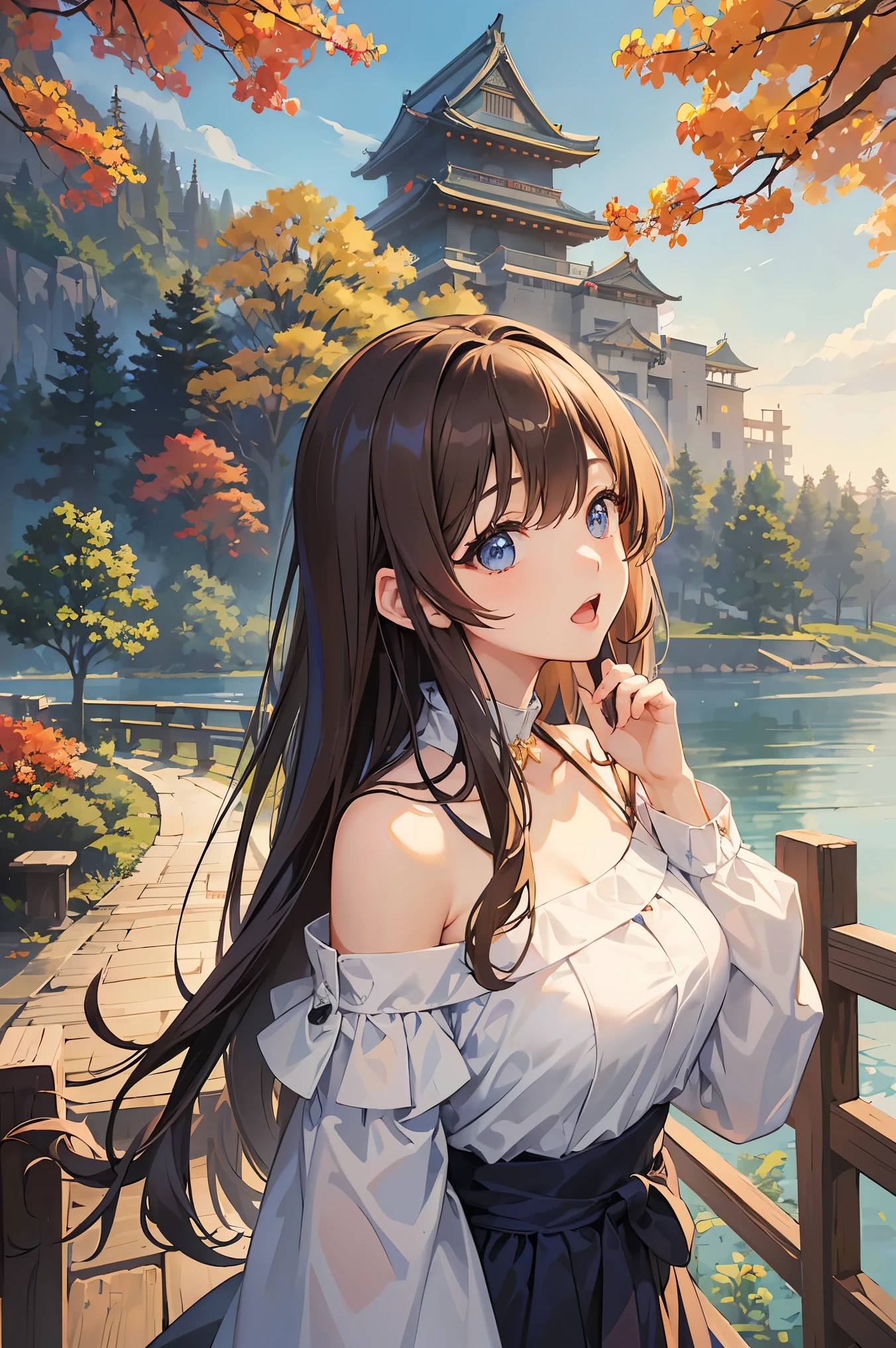 (Highest quality), (masterpiece)、(Very detailed)、(Beautiful girl alone)、(cute)、20-year-old、Take-out、(evening)、(Promenade in the nature park)、sweater、(Off the shoulder)、Long sleeve、(Outdoor)、(Lots of trees with autumn leaves)、light up、Light brown hair、(blue eyes)、Detailed eyes、Eyes Wide Open、Detailed face、Laughter、Please keep your mouth open、Big Breasts、Hair length、(Upper Body Shot)、Japanese castle in the background、Standing on the bridge、(look up:1.3)