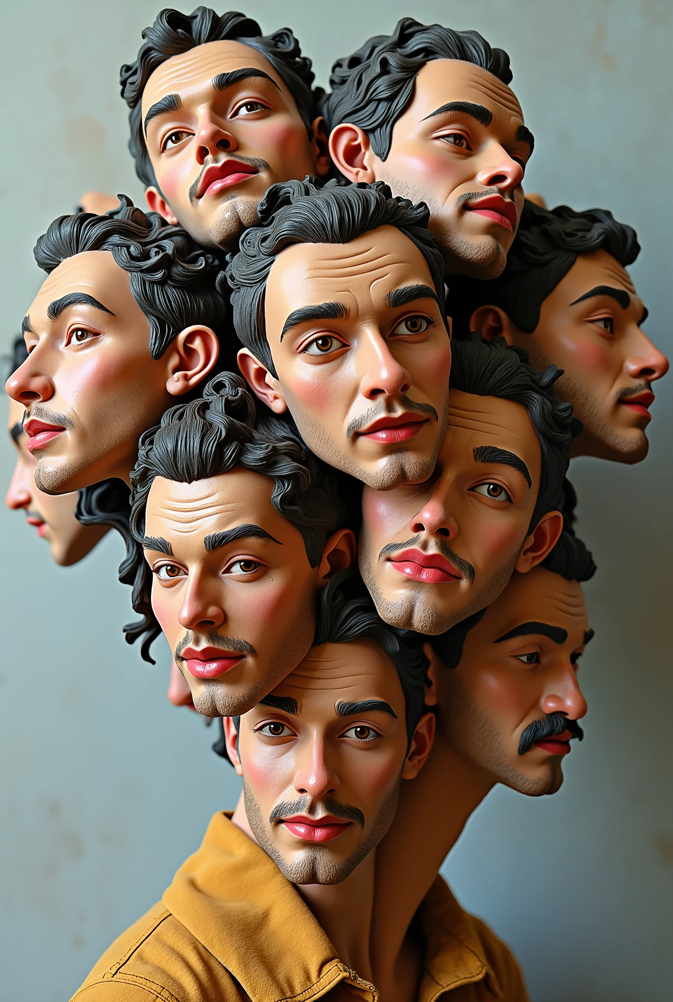 Expressionist artwork images of multiple floating ceramic heads of young Indian men, 3d collage style, make it weird and gallery worthy