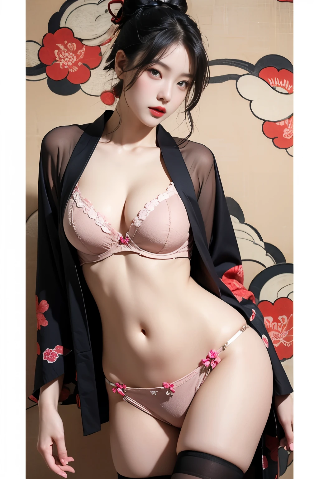 (Very sexy girl wearing sexy ukiyo-e kimono:1.3), Lightweight Bra, transparent, black头发颜色头发,, black stockings, Standing posture,Facecamea,black, ring, 4K, High resolution,looking at the camera, Near perfect, dynamic, The content is very detailed, brown, Sharp focus,Glowing Skin,Camel toe to show off your thighs!!!、