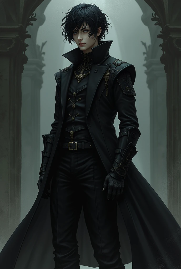 A berserk-style character, Trans man, shorth hair, but at neck height, he is very effeminate, He has 1,50 tall, dark eyes and black hair and he wears an overcoat, mid curly hair
