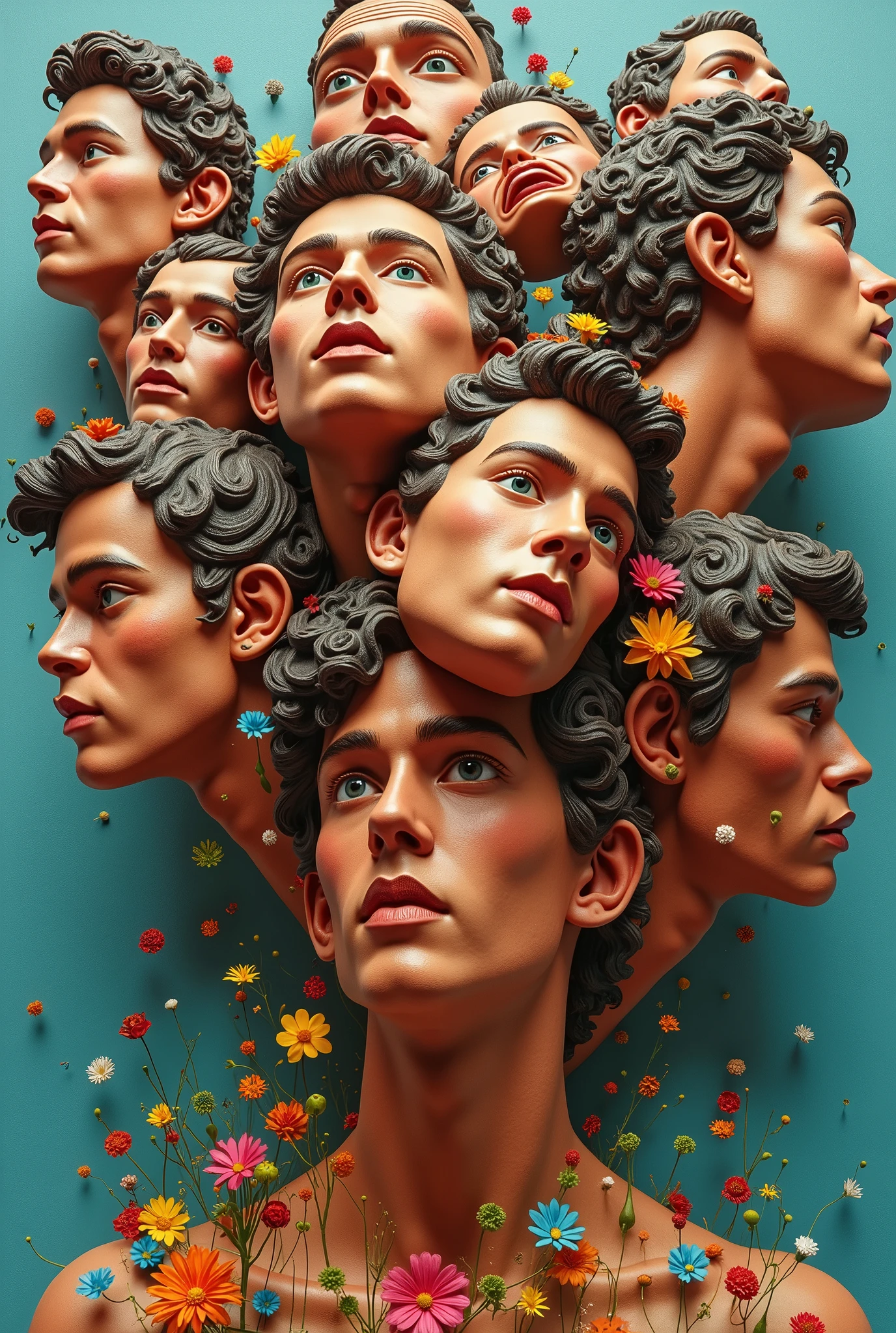 Expressionist artwork images of multiple floating ceramic heads of young Indian men, 3d collage style, make it weird and gallery worthy