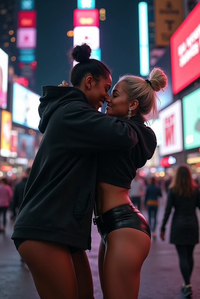 black woman hair in a bun black hoodie black leather short shorts bent over and old woman humping her bump time square new york city