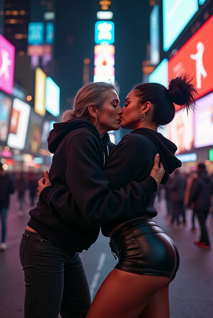 black woman hair in a bun black hoodie black leather short shorts bent over and old woman humping her bump time square new york city