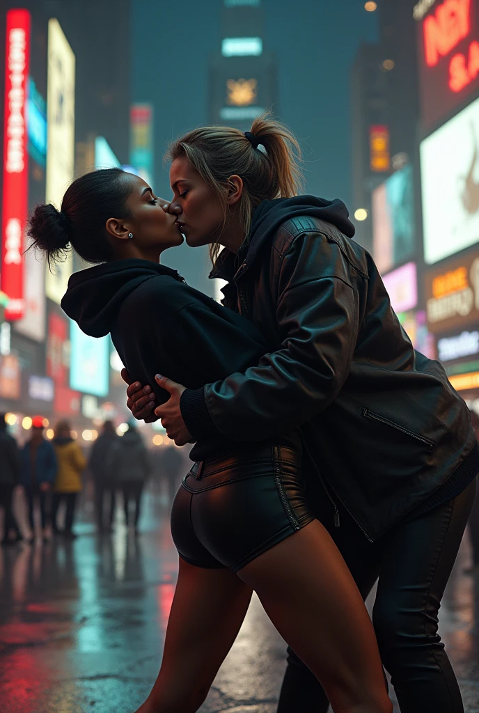 black woman hair in a bun black hoodie black leather short shorts bent over and old woman humping her bump time square new york city