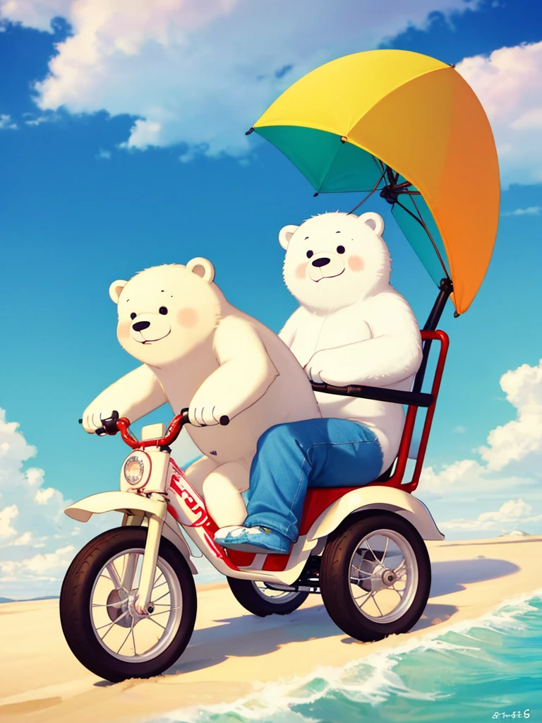 A cute cartoon polar bear from the "We Bare Bears" series riding on a toy tricycle, cartoon art style, similar to the TV series, detailed, vivid, soft colors, whimsical, playful, (best quality,4k,8k,highres,masterpiece:1.2),ultra-detailed,(realistic,photorealistic,photo-realistic:1.37),cute,adorable,dynamic pose,high quality 3D render,intricate details,soft lighting,pastel colors,vibrant colors,dreamlike,fantastical,imaginative