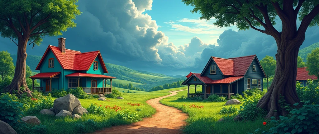 "Daytime rural village with lush greenery, colorful houses (one teal with red roof, one with dark wooden textures), bright grass, large trees, and a dirt path. The sky is dark and dramatic, hinting at a storm. The art style is vibrant, painterly, and slightly surreal."