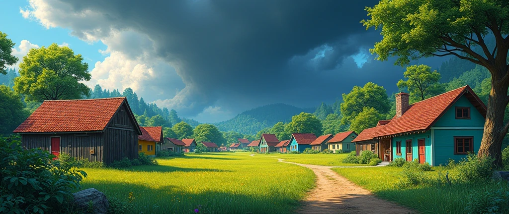 "Daytime rural village with lush greenery, colorful houses (one teal with red roof, one with dark wooden textures), bright grass, large trees, and a dirt path. The sky is dark and dramatic, hinting at a storm. The art style is vibrant, painterly, and slightly surreal."