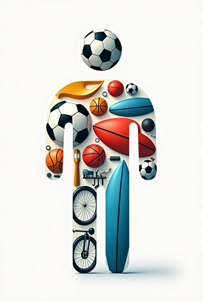 Use a combination of icons of different sports equipment (ex.: uma bola de futebol, a bicycle, a surfboard) to form a stylized figure. This may represent the diversity of items available for rent..