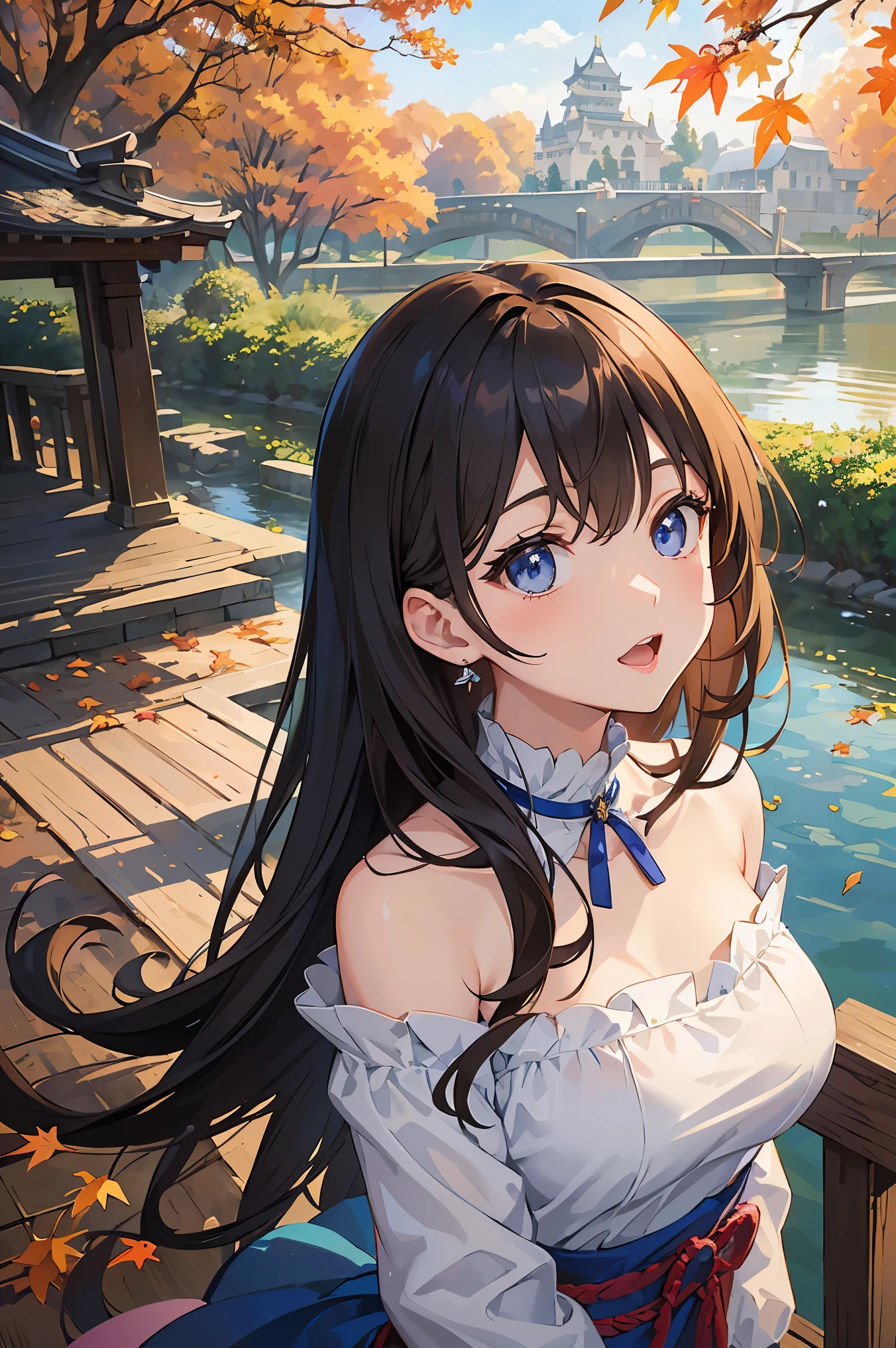 (Highest quality), (masterpiece)、(Very detailed)、(Beautiful girl alone)、(cute)、20-year-old、Take-out、(evening)、(Promenade in the nature park)、sweater、(Off the shoulder)、Long sleeve、(Outdoor)、(Lots of trees with autumn leaves)、light up、Light brown hair、(blue eyes)、Detailed eyes、Eyes Wide Open、Detailed face、Laughter、Please keep your mouth open、Big Breasts、Hair length、(Upper Body Shot)、Japanese castle in the background、Standing on the bridge、(look up:1.3)