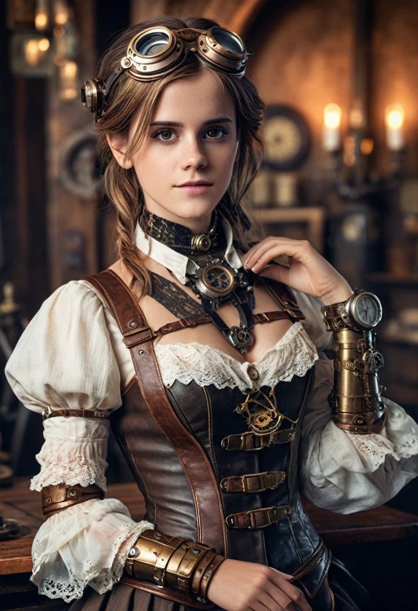 Emma Watson as beautiful stunning steampunk woman, full body, ultra-detailed eyes, ultra-detailed body, nice perfect face with perfect soft skinice face, stunning female body, ultra-detailed hands, masterpiece fantasy art concept, XF IQ4, 150MP, 50mm, ISO 1000, 1/250s, natural light, Adobe Lightroom, photolab, Affinity Photo, PhotoDirector 365, soft lighting, dynamic angle, realistic lighting, photo by Robert Adams,  (natural skin texture, hyperrealism, soft light, sharp: 1.2), (intricate details: 1.12), hdr masterpiece, best quality, (highly detailed photo: 1.1), 8k, realistic photo, (SFW),