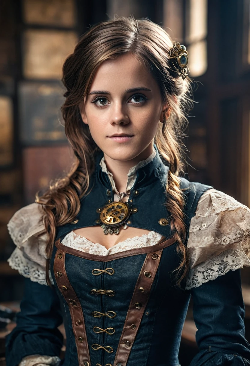 Emma Watson as beautiful stunning steampunk woman, full body, ultra-detailed eyes, ultra-detailed body, nice perfect face with perfect soft skinice face, stunning female body, ultra-detailed hands, masterpiece fantasy art concept, XF IQ4, 150MP, 50mm, ISO 1000, 1/250s, natural light, Adobe Lightroom, photolab, Affinity Photo, PhotoDirector 365, soft lighting, dynamic angle, realistic lighting, photo by Robert Adams,  (natural skin texture, hyperrealism, soft light, sharp: 1.2), (intricate details: 1.12), hdr masterpiece, best quality, (highly detailed photo: 1.1), 8k, realistic photo, (SFW),