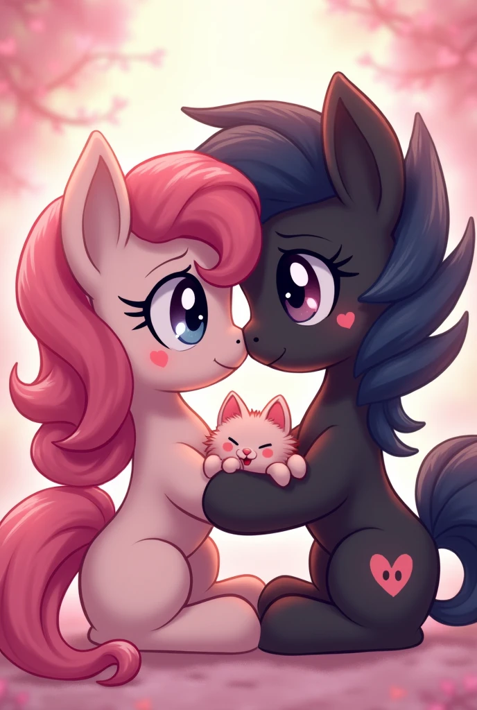 Male and female pony kissing in love, kawaii anime, more in love with their son, the cutest kitten, the pink pony with black 