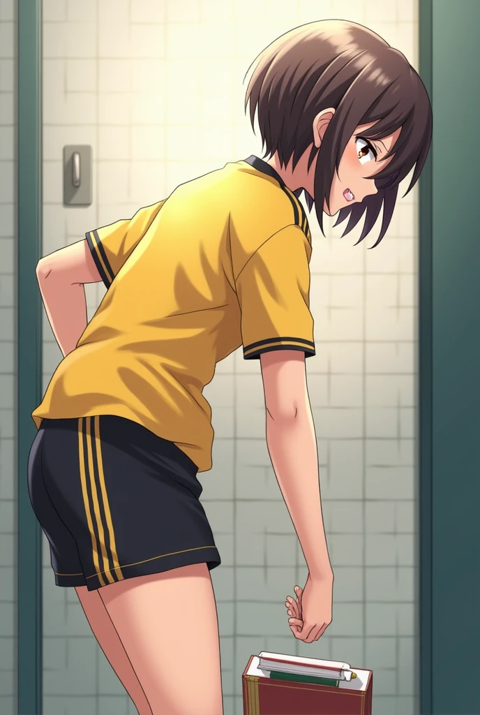 1 girl with almost short hair wearing a yellow short-sleeved uniform shirt with black stripes on the shoulders and short black shorts with yellow stripes on the sides and made of synthetic material and she drops her books and bends down to pick them up and she looks good with a big ass and sexy and a boy looks at her sexily and comes and puts his finger in her vagina seen from behind and the girl looks at him blushing
