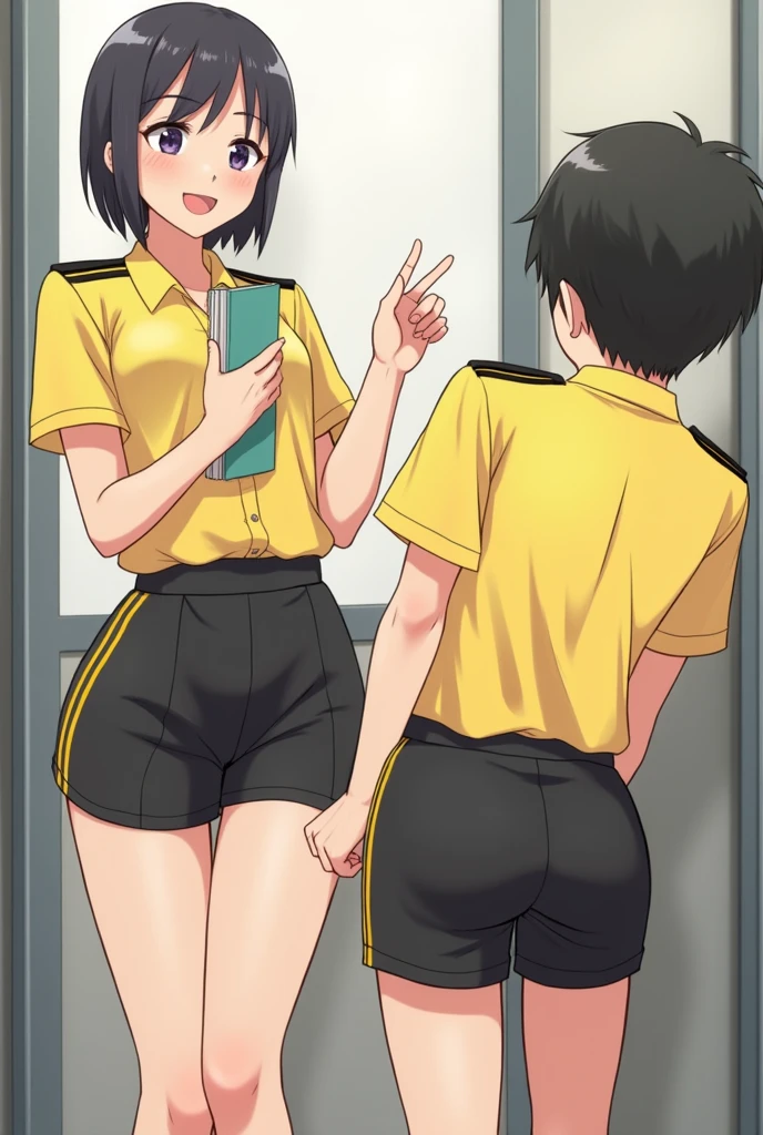 1 girl with almost short hair wearing a yellow short-sleeved uniform shirt with black stripes on the shoulders and short black shorts with yellow stripes on the sides and made of synthetic material and she drops her books and bends down to pick them up and she looks good with a big ass and sexy and a boy looks at her sexily and comes and puts his finger in her vagina seen from behind and the girl looks at him blushing