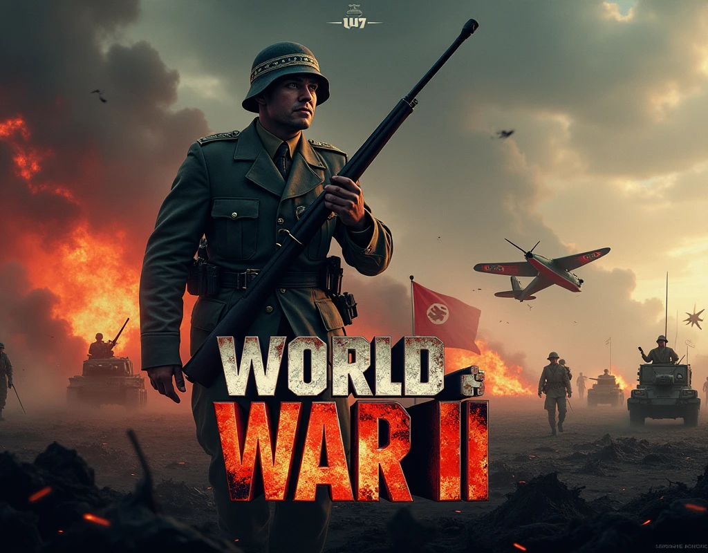 Create a YouTube thumbnail about “World War 2” with a dramatic and intense visual style. The background should include a war-torn battlefield scene with smoke, explosions, and debris. Place iconic symbols like a broken Nazi flag, tanks, and soldiers charging. On one side, depict a soldier in a helmet with a determined expression, gripping a rifle. On the opposite side, show a warplane in mid-flight with bullets or missiles shooting out. Use bold, large text for the title “World War 2” in strong, metallic, or distressed font, with a fiery glow or shadow for emphasis. The overall color scheme should have dark, moody tones, with flashes orange and red to convey action and urgency. The thumbnail should feel epic, historical, and gripping.