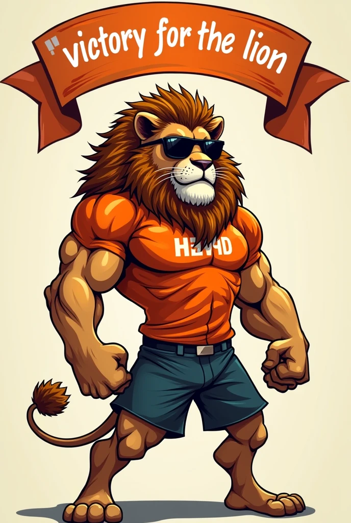 Make me a strong humanoid lion with an orange Dutch shirt and dark glasses with the phrase on top “another victory for the lion”