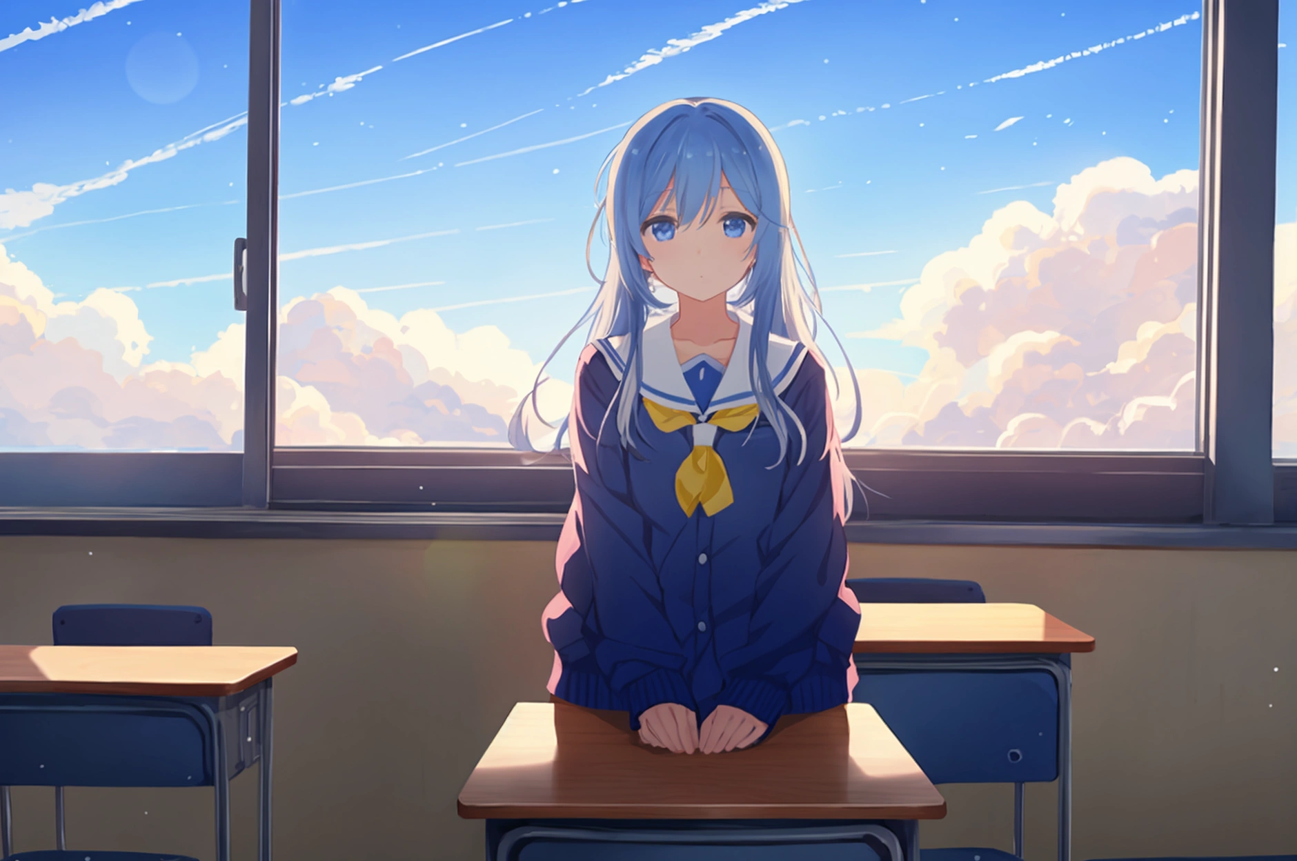 From the classroom window、I can see the sky、Gazing at the beautiful sky、Nobody is here、I&#39;m in an empty classroom in an anime。