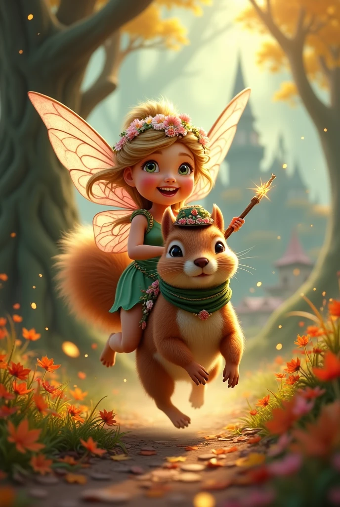 A vibrant, little fairy with delicate wings, dressed in a whimsical outfit of petal pinks and emerald greens, joyfully riding on the back of a squirrel. The fairy has a crown of intricately woven daisies and ivy sitting atop her head, with locks of golden hair cascading down her back. She holds onto the squirrel's fur with one hand while the other is outstretched, revealing her sparkling wand that matches the twinkle in her sapphire eyes. The squirrel, equally enchanted, has a scarf of autumn leaves tied around its neck and a tiny hat perched on its head. Its bushy tail is a blur as it runs with surprising speed and grace through a magical forest, where the trees are adorned with soft lights that seem to be a mix of stars and fireflies. The ground is carpeted with a mosaic of fallen leaves in a spectrum of warm hues, and in the background, a picturesque village can be seen nestled among the roots of an ancient tree. The atmosphere is filled with a warm, ethereal glow that casts long shadows and highlights the duo's playful expressions. The fairy's laughter resonates through the serene woods, capturing the essence of friendship and adventure in a whimsical, fantastical world where the ordinary becomes extraordinary.