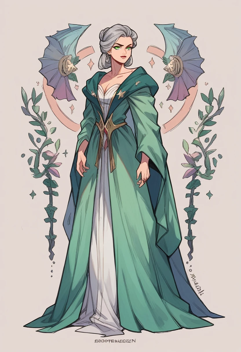 Comics style, drawing by Alison Bechdel, concept sheet of a 1 witch named Elisabeth with grey hair and green eyes, wearing several rings, dressed in an elegant sorceress's White robe for a heroic fantasy theme, with an intricately designed robe, in a realistic watercolor painting style with bold black lines. Super power Magic,magical awakening