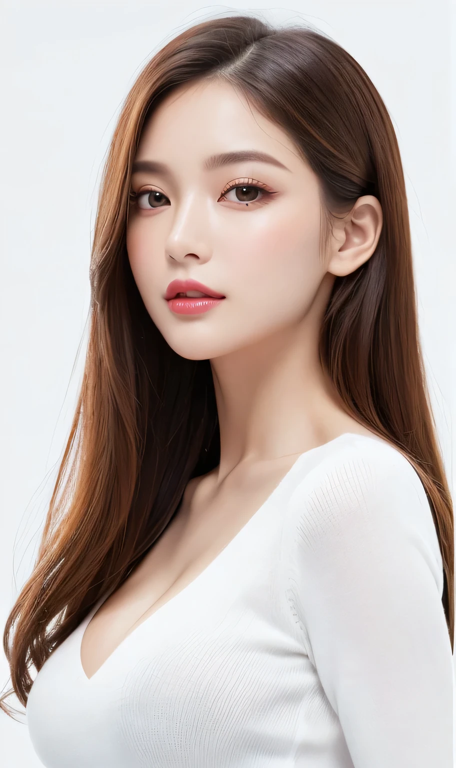 (Top Quality, Table Top, 8K, Best Picture Quality, Award Winning), Cute Beauty, Straight Medium Hair, (Alone:1.2), (White Fitted V-Neck Long Sleeve Knit:1.2), (Snug Fitted V-Neck Long Sleeve Knit:1.1), (Simplest Pure White Background:1.6), (Frontperfectly fixed to the front: 1.1), close-up of the face, (very large breasts: 1.3), (emphasizing the body line: 1.2), (front and side portrait of a perfect woman with proper margins: 1.2), (perfect feminine expression from the side and front: 1.2), beautiful and detailed, look at me andSmile, (upright photo from chest up:1.2), (turn around and look straight at me:1.2), (perfect makeup:1.1), bright lipstick, ultra high definition beauty face, ultra HD hair, ultra high definition glowing eyes, ultra high resolution perfect teeth, ultra high quality glossy lips, accurate anatomyVery beautiful skin, (ultra high definition glowing pure white skin: 1.2), graceful upright posture when viewed from the front, (very bright: 1.3)