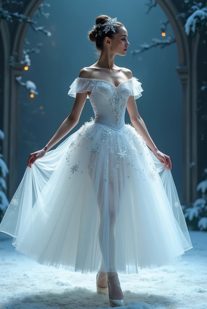 Make me a ballet costume for snowflakes from The Nutcracker, something pretty and elegant, a romantic tutu, white with silver, that looks magical and reaches their knees. to be seen from the front. 
Another somewhat similar option without many details and with silver spikes on the skirt, short to the knees and with a ballet torso