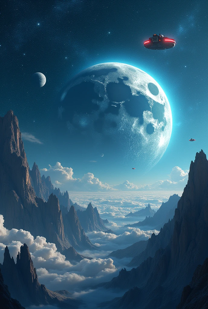 Starry night with massive stars and moon. With small flying vihecles