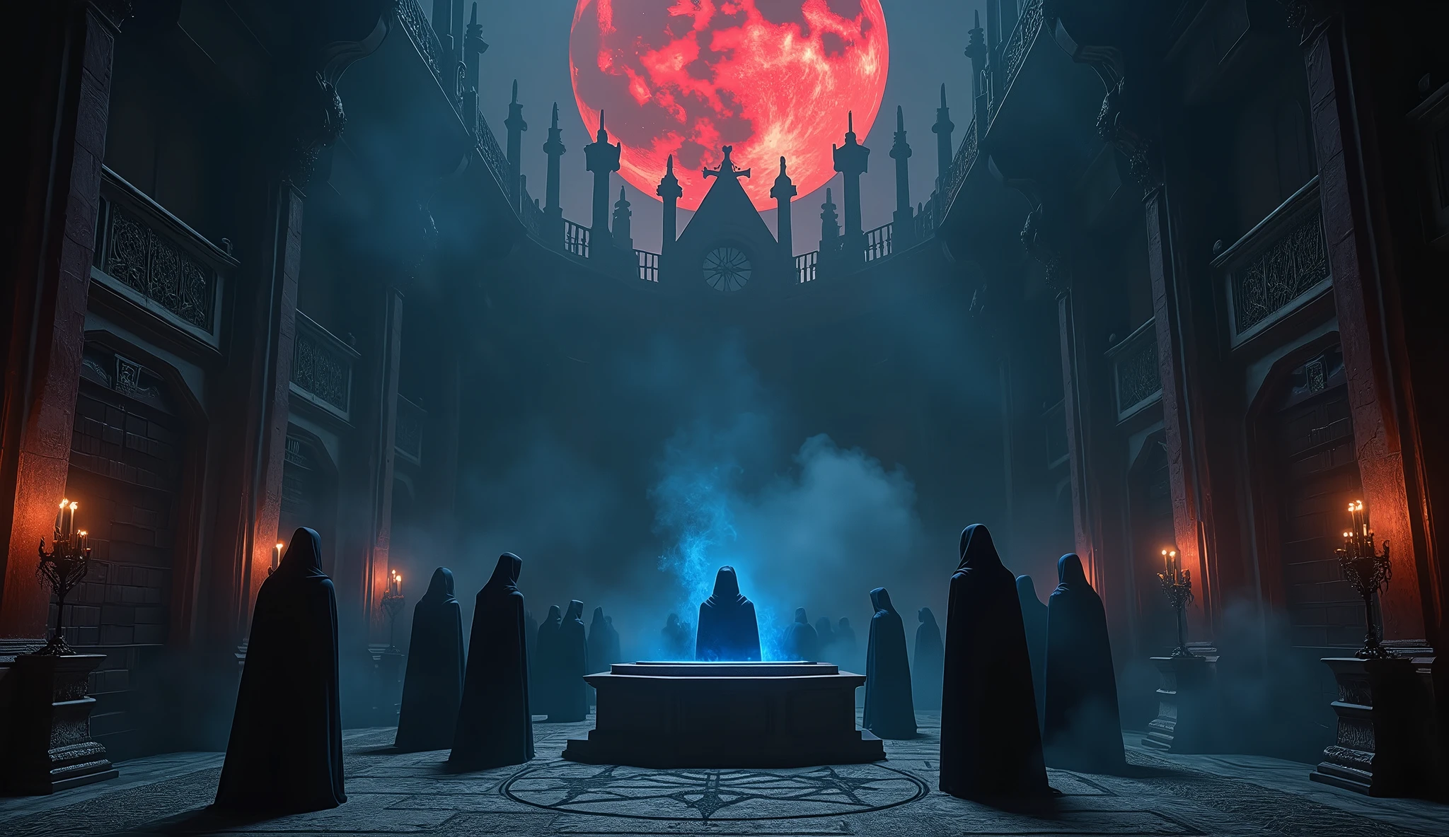 8k、 big red moon ,zoom up(number々の賞を受賞したmasterpiece、Incredible detail、Texture、Maximum details),blue flame candle, (summoning magic),(The moonlight at night is beautiful), (Demon King's Castle),(dark organization)arafed image of a group of people in a church with candles,lit candle, dark cinematic concept art, elegant cinematic fantasy art, photorealistic dark concept art, by Beeple, dark robes, wojtek fus, gothic epic library concept, gothic epic library, epic cinematic concept art, dark concept art, Beeple and mike winkelmann, symmetrical epic fantasy art, High resolution, masterpiece, Highest quality, Intricate details, Very detailed, Clear focus, practical skin texture, texture, Shot with Canon, 85mm, Shallow and deep, Kodak Vision Color, Exactly, Very detailed, photograph_\(Extremist\), photographpractical, practical, Post-processing, Maximum details, Roughness, Real Life, Extremist practical, Photorealism, photographgraphy, 8K Ultra HD, photographgraphy