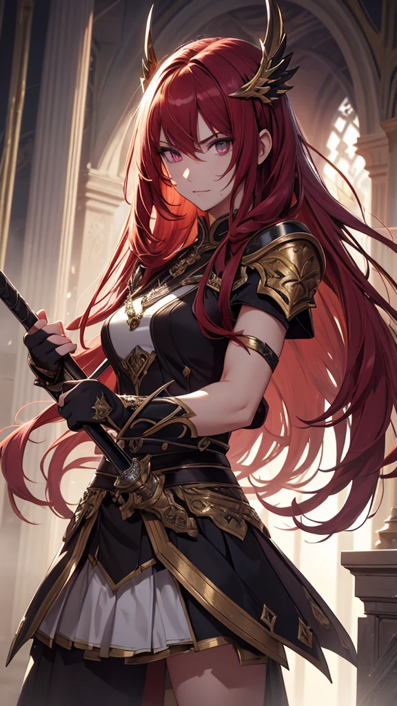 Best quality, detailed shadows, radiant light, detailed lighting, shiny skin, realistic, (((fighting pose))), long flowing hair, very long hair, red hair, detailed eyes, hyper detailed pupils, [[[bright eyes]]], fit body, swinging staff, detailed sword, intricate staff, bo staff, shining staff, detailed clothing, detailed texture, detailed stitching perfect hands, perfect anatomy,hailoknight, holding staff, holding weapon,sharp focus, perfect hands, perfect light,{/(: More Details :)\}