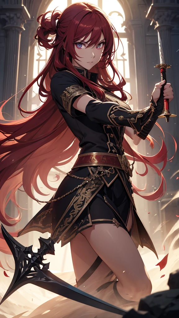 Best quality, detailed shadows, radiant light, detailed lighting, shiny skin, realistic, (((fighting pose))), long flowing hair, very long hair, red hair, detailed eyes, hyper detailed pupils, [[[bright eyes]]], fit body, swinging staff, detailed sword, intricate staff, bo staff, shining staff, detailed clothing, detailed texture, detailed stitching perfect hands, perfect anatomy,hailoknight, holding staff, holding weapon,sharp focus, perfect hands, perfect light,{/(: More Details :)\}