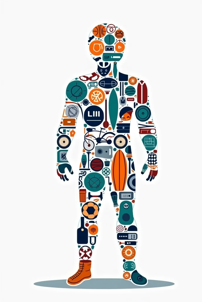 Use a combination of icons of different sports equipment (ex.: uma bola de futebol, a bicycle, a surfboard) to form a stylized figure. This may represent the diversity of items available for rent..