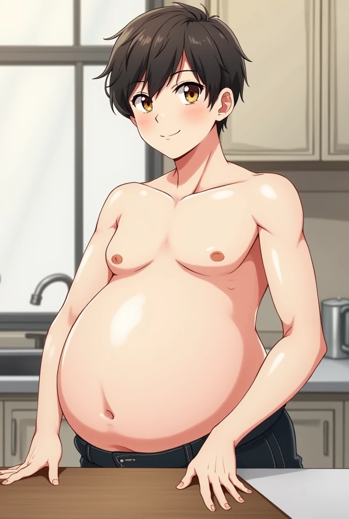 whole body!!Japan cartoon,1 Handsome boy,transparent,Exposing penis,White skin,Looking at the audience,Brown eyes,Practical,In the kitchen,Smile,Huge penis