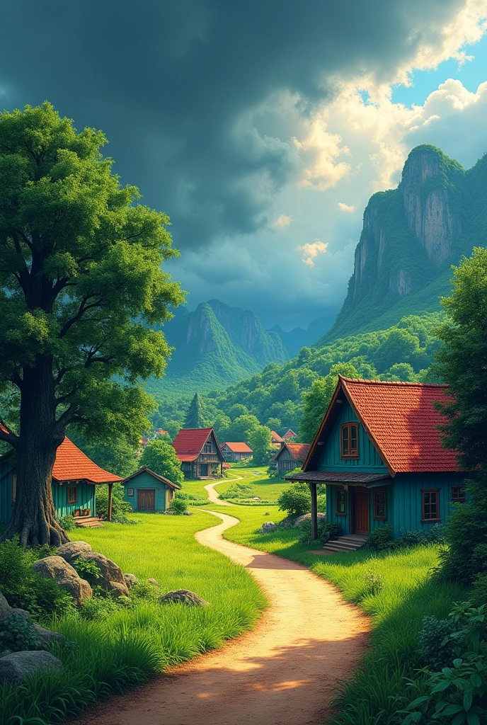 "Daytime rural village with lush greenery, colorful houses (one teal with red roof, one with dark wooden textures), bright grass, large trees, and a dirt path. The sky is dark and dramatic, hinting at a storm. The art style is vibrant, painterly, and slightly surreal."
