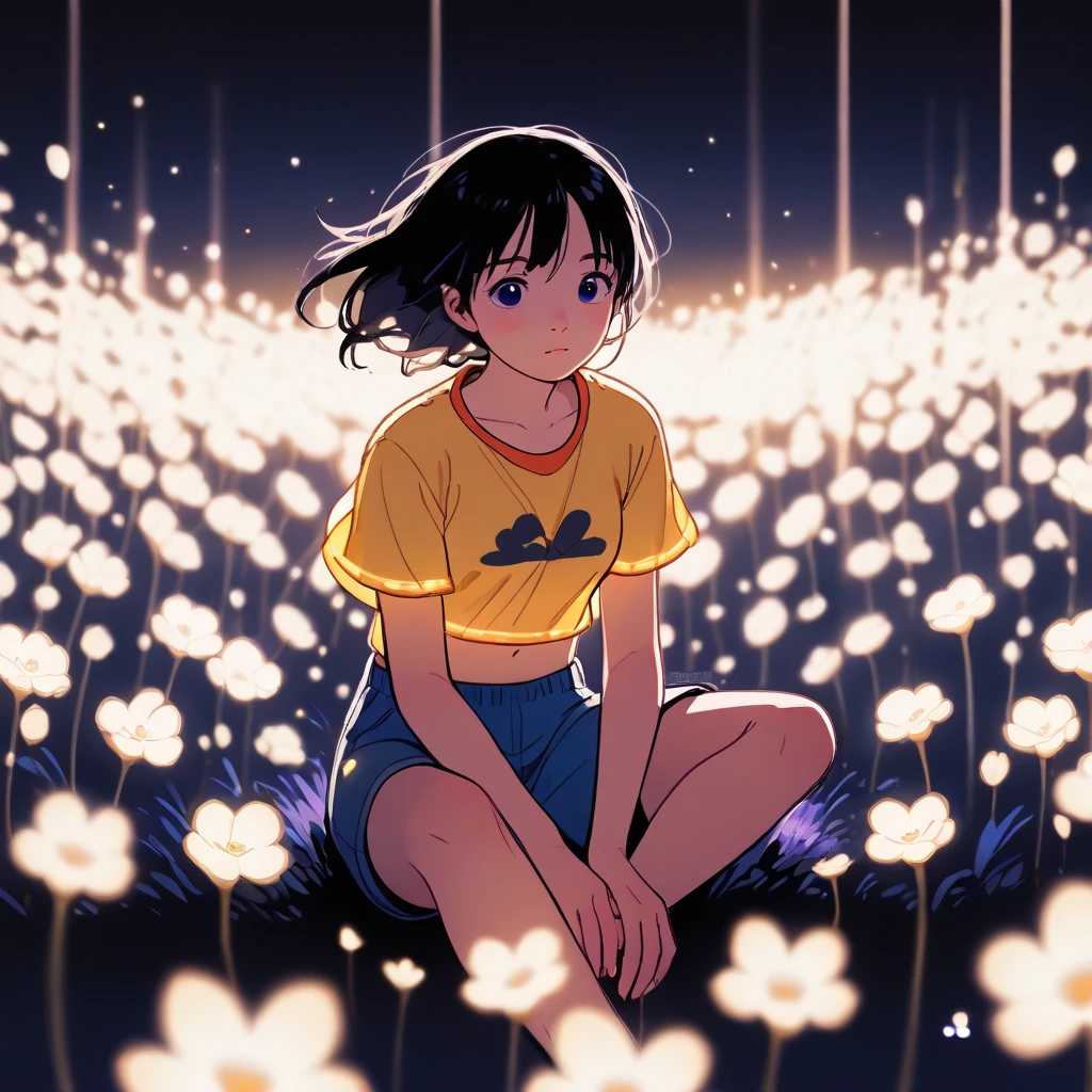 in ghibli anime style, a woman sitting on dark room, wearing yellow crop top creating glowing flowers spelling out the words "TENSOR_ART", glowing blue light, dynamic color, there is flowers scattered around her, depth of field, dynamic angle