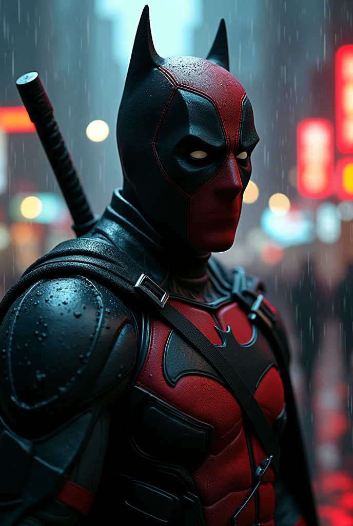 (photorealism:1.2), A dark, gritty, hyperrealistic portrait of a combined Batman and Deadpool. The character has Batman's cowl and utility belt, with Deadpool's distinctive eyes and chaotic energy. The background is a dark, rain-soaked Gotham City. Cinematic lighting, 8k resolution, highly detailed. Art style: Dark Knight Returns. Additional elements: katana, healing factor scars, broken mask