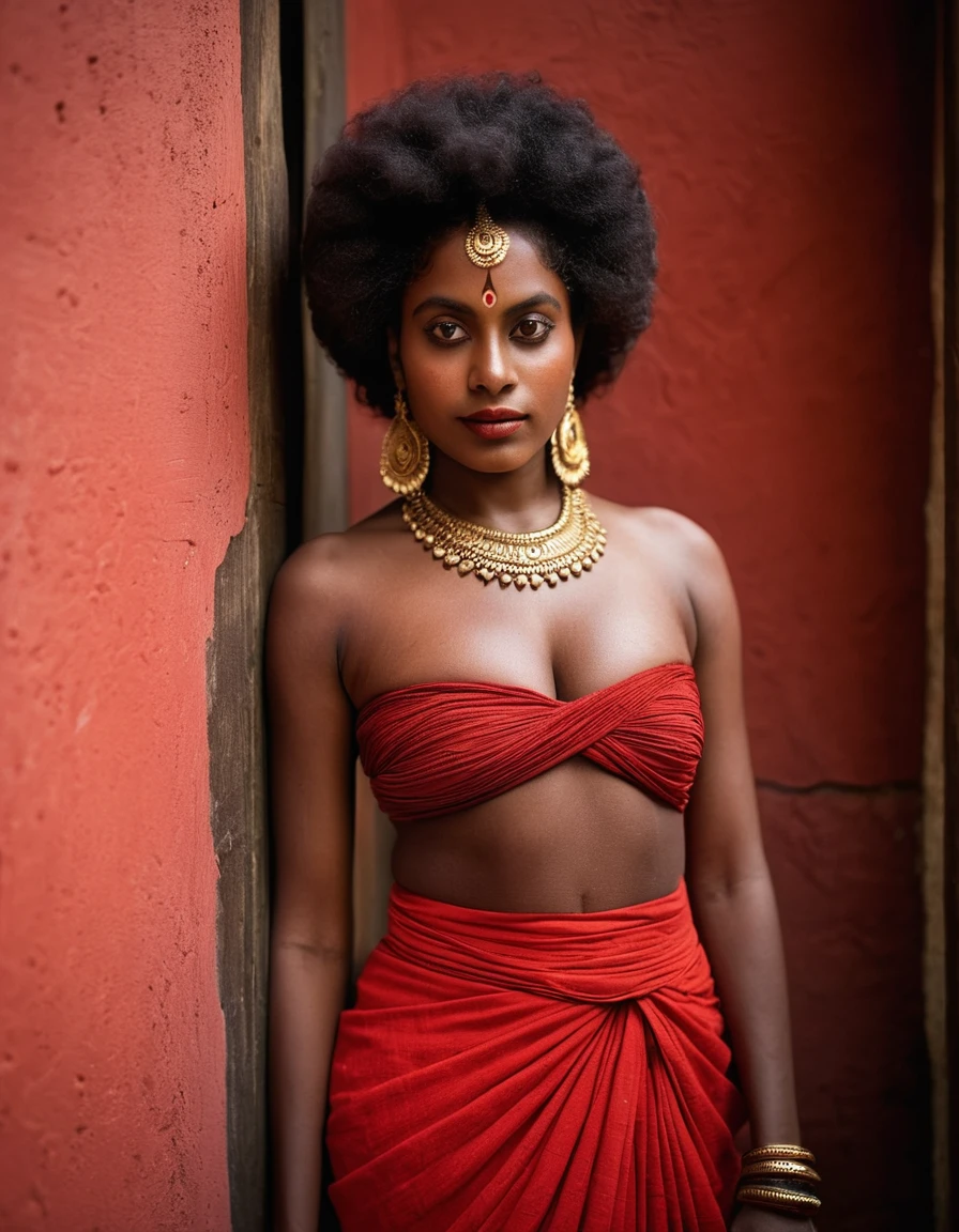 (((photo of a ancient kerala hindu devil ))), (((black kali))) ,(((theyyam))) ((((standing at fantasy doorway)))), (((Half Body))), (((very dark skin))), (((age 35+))), (((((very dark nipple and areola))))) (((plus size chubby tall))), (((huge busty milky wet big massive boobs))), (((nude thick thigh))), (((ancient black mini skirt))), ((black skin dark body)), (((red mini skirt))), (((depth of field))), ((( red smoke))),(((divine)))photorealistic,photo, realism, Getty Images, RAW candid cinema, 16mm, colour graded portra 400 film, remarkable colour, ultra realistic, textured skin, remarkable detailed pupils, realistic dull skin noise, visible dark skin detail, skin fuzz, dry skin, shot with cinematic,light leaks, RAW Image, DOF, depth of field, High-resolution detail capturing the natural texture of the skin, including pores, fine lines, and natural highlights and shadows, Emphasize a natural, healthy glow, showcasing the beauty of real dark skin, A graceful, confident posture with a gentle smile or a serene expression