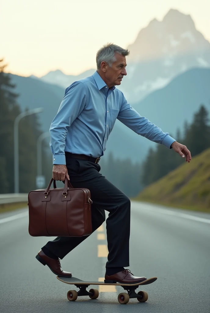 A real businessman (full body), his left hand holds the bag (high quality),He wearing a blue shirt and black pant, he playing skateboard(dinamic pose) on the middle of road, around, have a mountain in the background .at the morning(cinematic lighting)