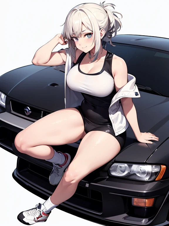 masterpiece, best quality, ultra-detailed, illustrator,1girl, White hair tied back , white tank top, red and white jacket, Black shorts, Black socks, white shoes, blush, big breasts, Big thigh, Look to the Lower, simple background, solo, very sexy, shy expression, cute, white background, Smiling cutely, Two finger pose, pose sitting on the hood of a car, Nissan skyline r34