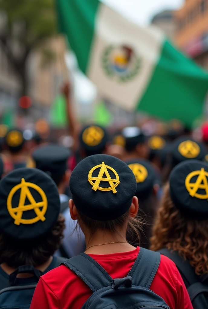 Young people wearing a beret with a black anarchist symbol with yellow parts and the Guatemalan flag in the background