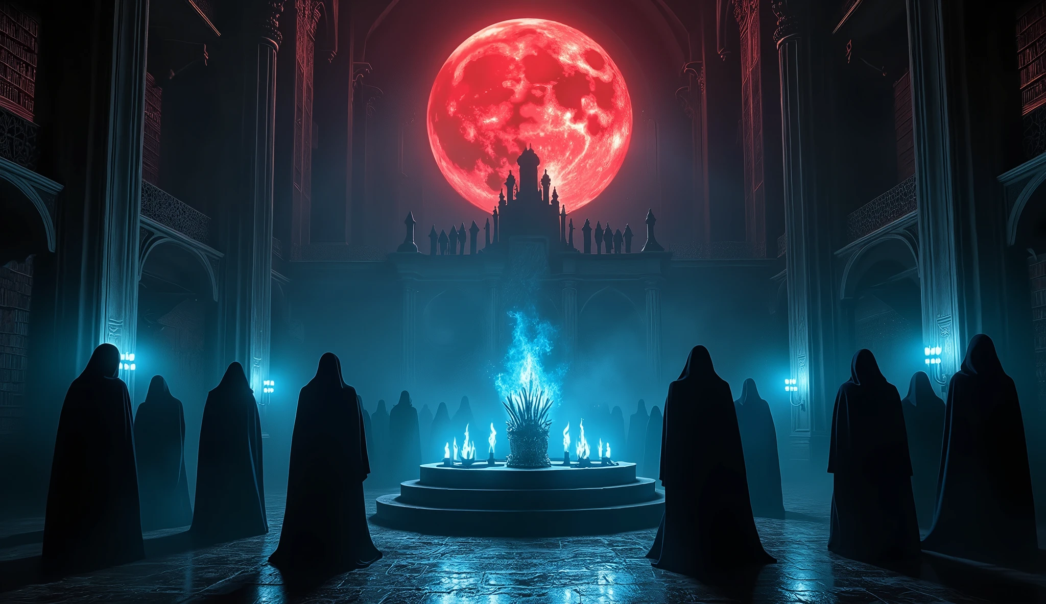 8k、 big red moon ,zoom up(number々の賞を受賞したmasterpiece、Incredible detail、Texture、Maximum details),blue flame candle, (summoning magic),(The moonlight at night is beautiful), (Demon King's Castle),(dark organization)arafed image of a group of people in a church with candles,lit candle, dark cinematic concept art, elegant cinematic fantasy art, photorealistic dark concept art, by Beeple, dark robes, wojtek fus, gothic epic library concept, gothic epic library, epic cinematic concept art, dark concept art, Beeple and mike winkelmann, symmetrical epic fantasy art, High resolution, masterpiece, Highest quality, Intricate details, Very detailed, Clear focus, practical skin texture, texture, Shot with Canon, 85mm, Shallow and deep, Kodak Vision Color, Exactly, Very detailed, photograph_\(Extremist\), photographpractical, practical, Post-processing, Maximum details, Roughness, Real Life, Extremist practical, Photorealism, photographgraphy, 8K Ultra HD, photographgraphy