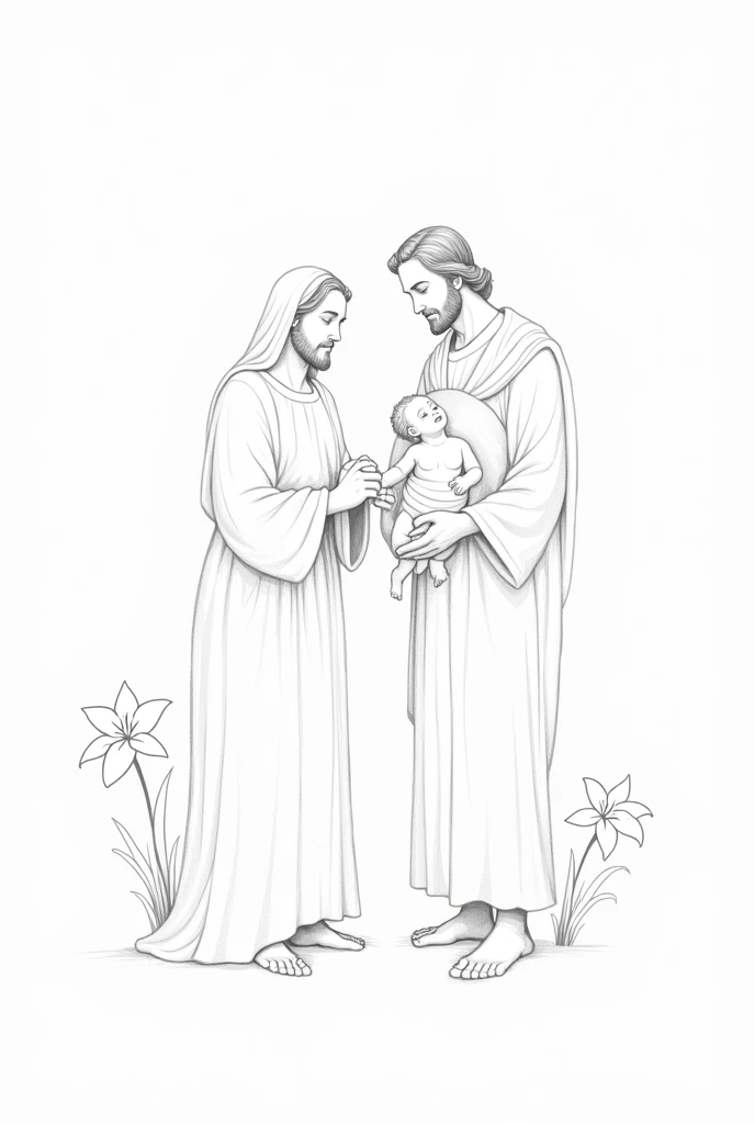 Saint Joseph with lilies and Jesus with hands in hand drawing style, only with pencil outlines