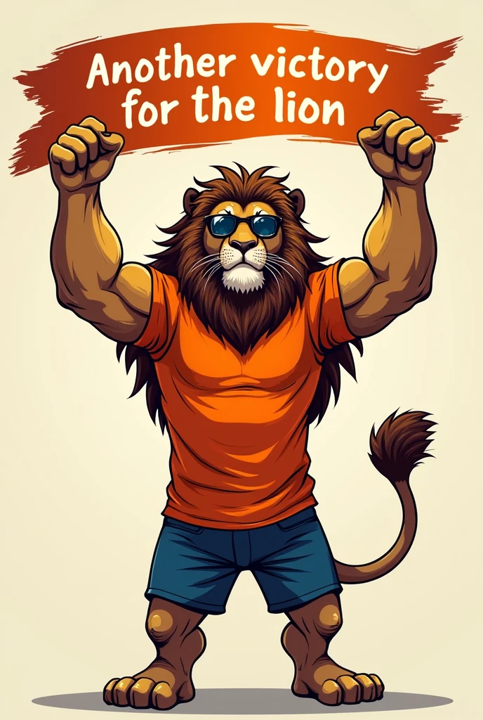 Make me a strong humanoid lion with an orange Dutch shirt and dark glasses with the phrase on top “another victory for the lion”
