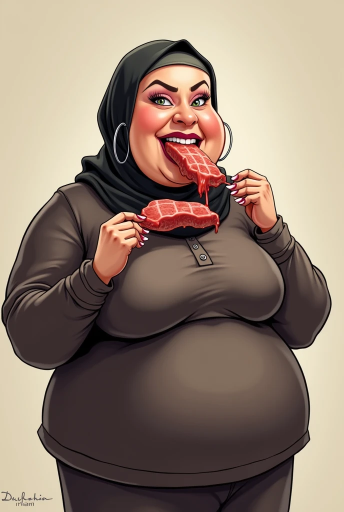 generate an obese white woman with a hijab and a super mega big lips and boobs and big hoops and long nails eating pork acting sassy in a caricature style full body and more cartoony, make her look ugly and botched in the face with a lazy eye and drooling all over 